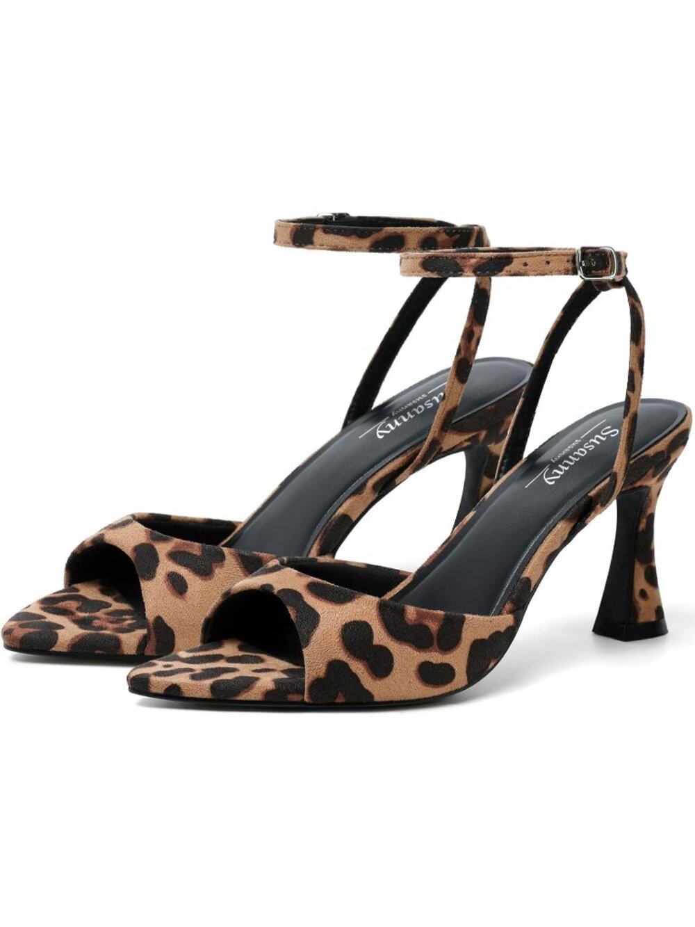 Women's Leopard Pointed Open Toe Ankle Strap Chunky Block Sandals High Heels